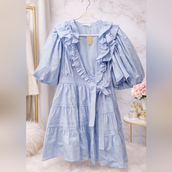 vestique Dresses & Skirts - NWT Vestique Light Blue Ruffle  Wrap Size Small Dress